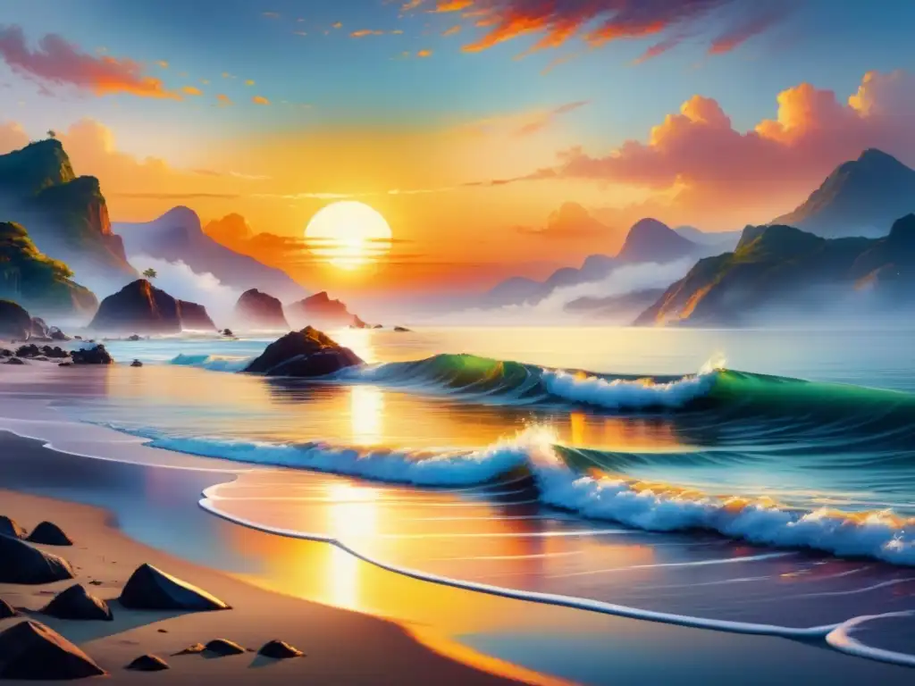 Pintura acuarela de un vibrante atardecer sobre el mar, creando una escena de luz y color