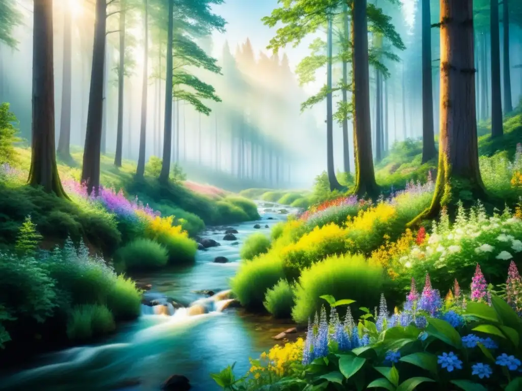 Pintura acuarela vibrante de un bosque verde exuberante con árboles altos, río sereno y flores silvestres coloridas