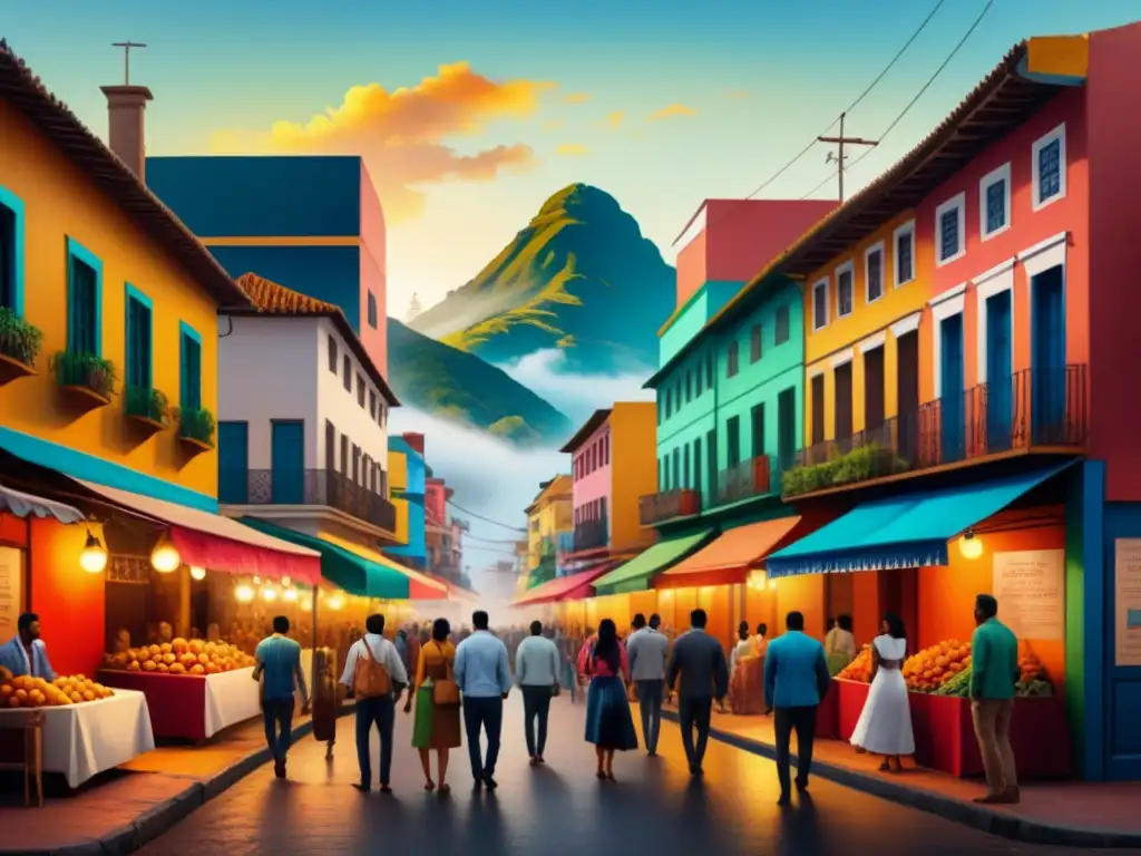 Una pintura acuarela vibrante de una bulliciosa ciudad latinoamericana, fusionando cultura tradicional con influencias modernas