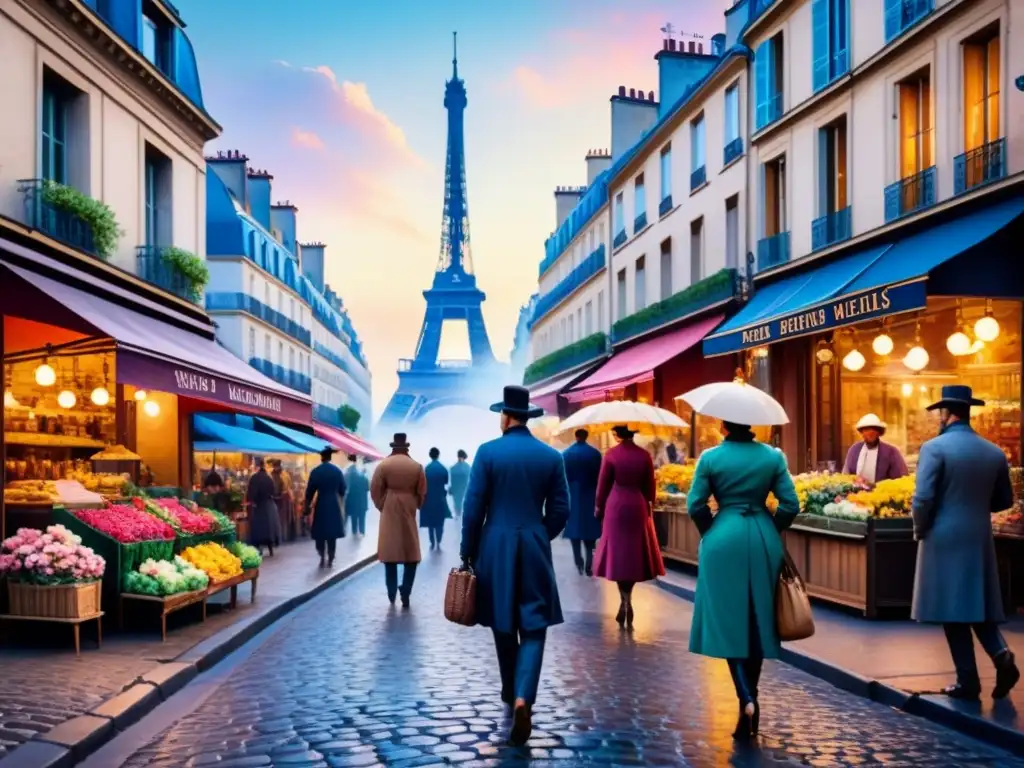 Pintura acuarela de París en el siglo XIX Pintura acuarela vibrante de una bulliciosa escena parisina del siglo XIX, mostrando el movimiento impresionista con pinceladas suaves, capturando la luz y sombra en la calle adoquinada, figuras en trajes de época, cafés y puestos de flores coloridos, con