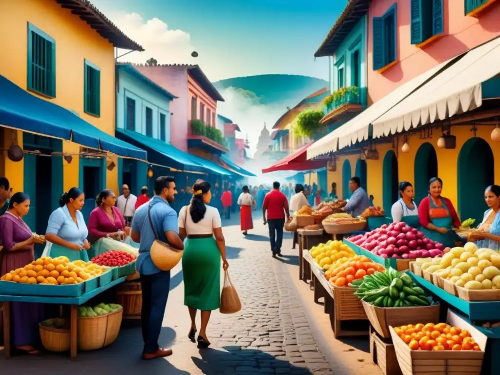 Pintura acuarela vibrante de un bullicioso mercado callejero latinoamericano