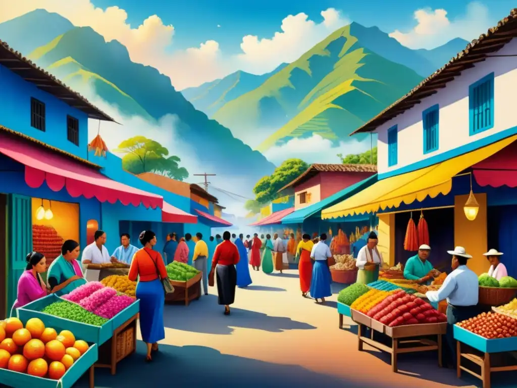 Pintura acuarela vibrante de un bullicioso mercado latinoamericano, lleno de arte popular tradicional colorido y detallado