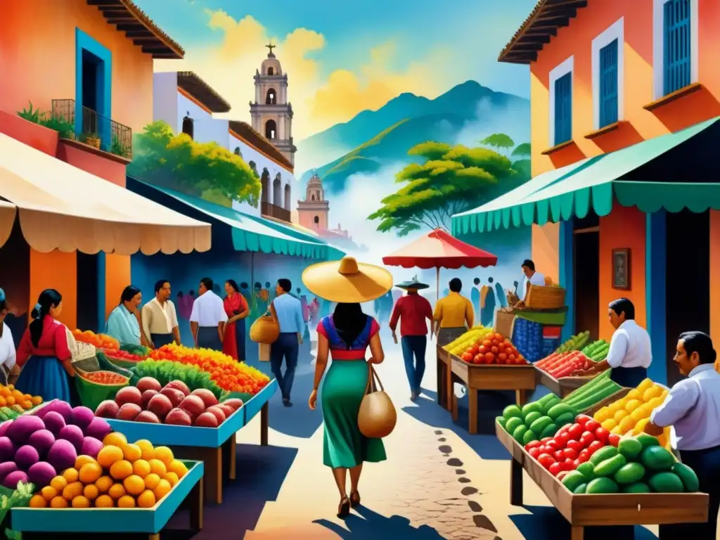 Pintura acuarela vibrante de un bullicioso mercado mexicano, lleno de coloridos puestos de artesanías, textiles y productos frescos