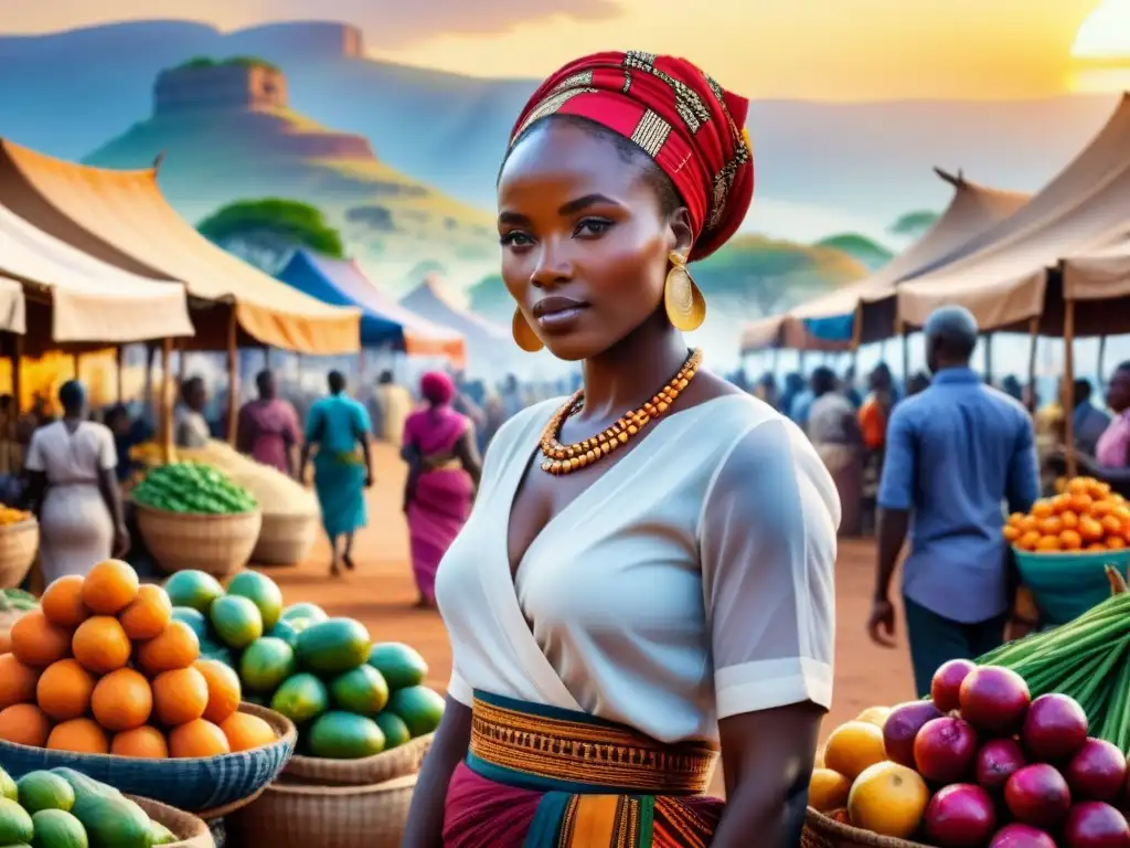 Una pintura acuarela vibrante de un bullicioso mercado africano, lleno de coloridos puestos de artesanía, textiles y productos frescos