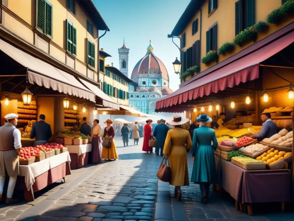 Pintura acuarela vibrante de un bullicioso mercado renacentista en Florencia, Italia, con influencias del Renacimiento en América