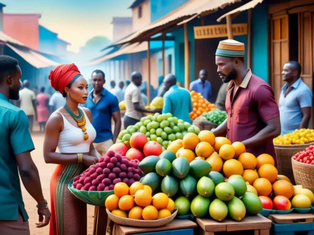 Pintura acuarela vibrante de un bullicioso mercado en África, conectando culturas y colores