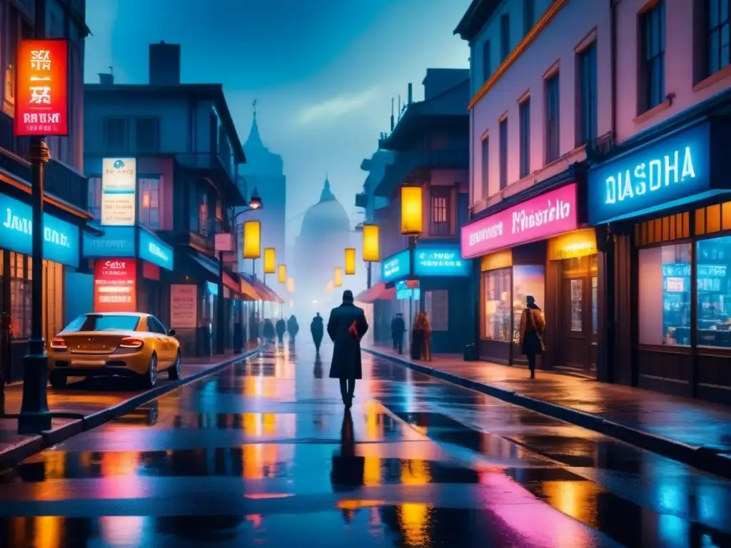 Pintura acuarela vibrante de una calle nocturna con iluminación dramática, reflejos de neón y sombras