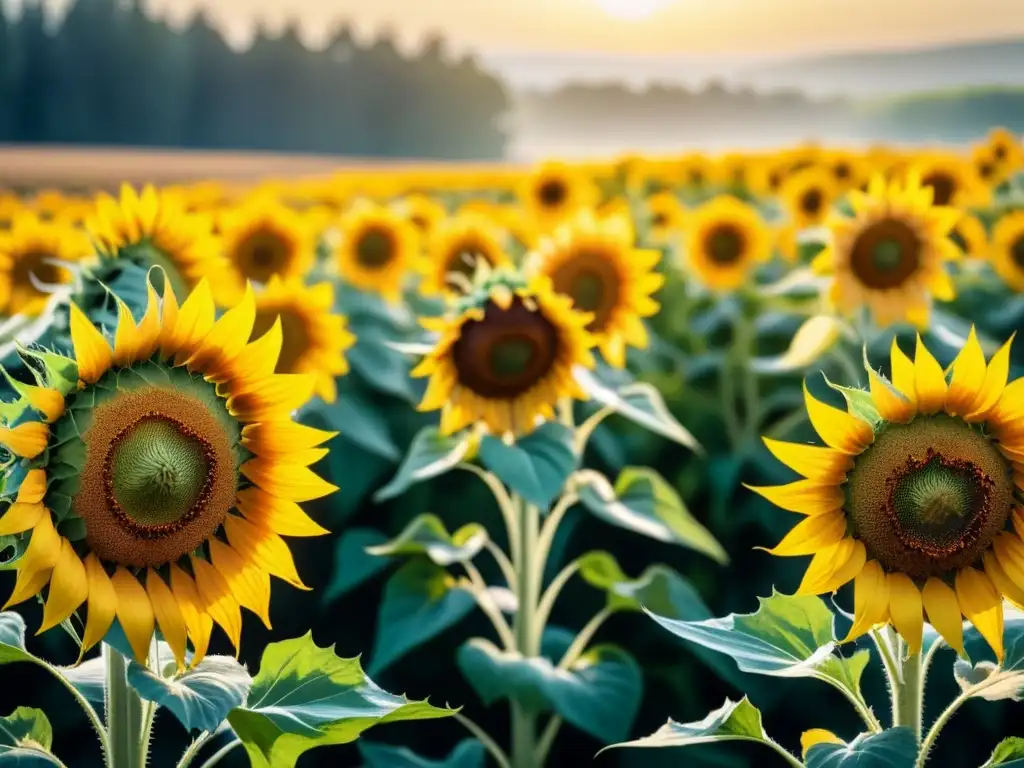 Una pintura acuarela vibrante de un campo soleado de girasoles en tonos de amarillo cadmio perfectamente detallados, con abejas zumbando alrededor