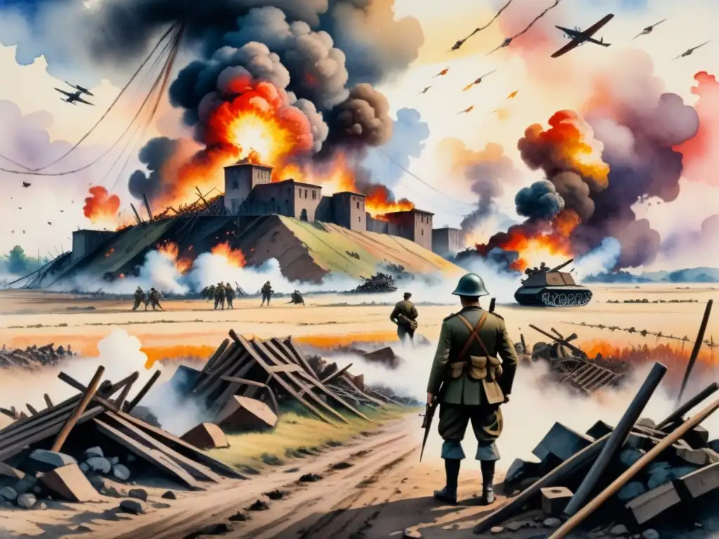 Pintura acuarela vibrante de un caótico campo de batalla de la Primera Guerra Mundial, transmitiendo la influencia del arte moderno