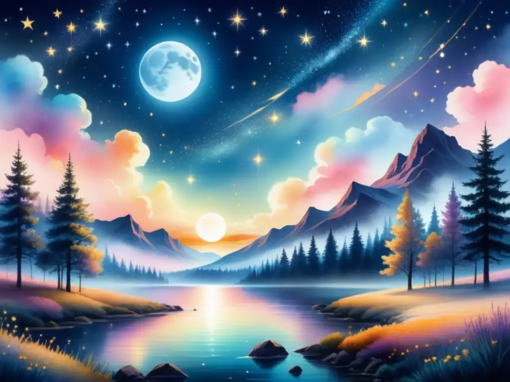 Una pintura acuarela vibrante de un cielo nocturno lleno de estrellas brillantes y una luna llena luminosa que ilumina un paisaje tranquilo