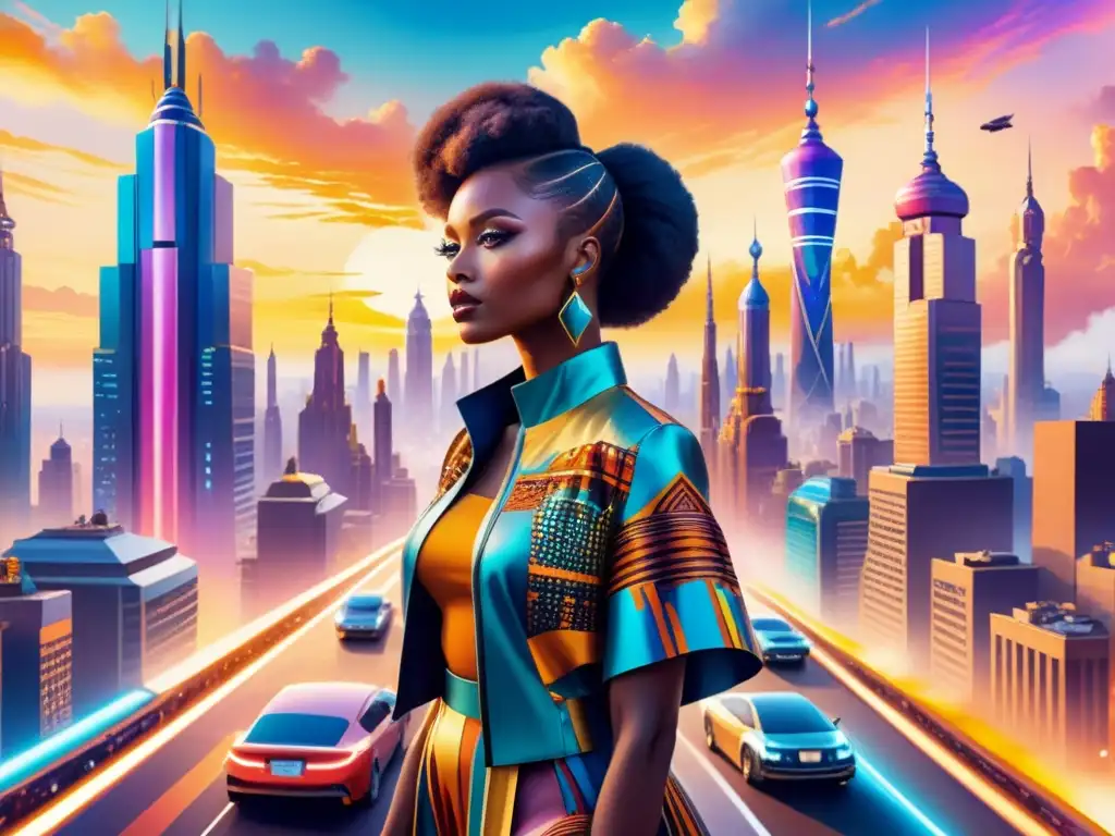 Una pintura acuarela vibrante de una ciudad futurista con rascacielos adornados con patrones africanos