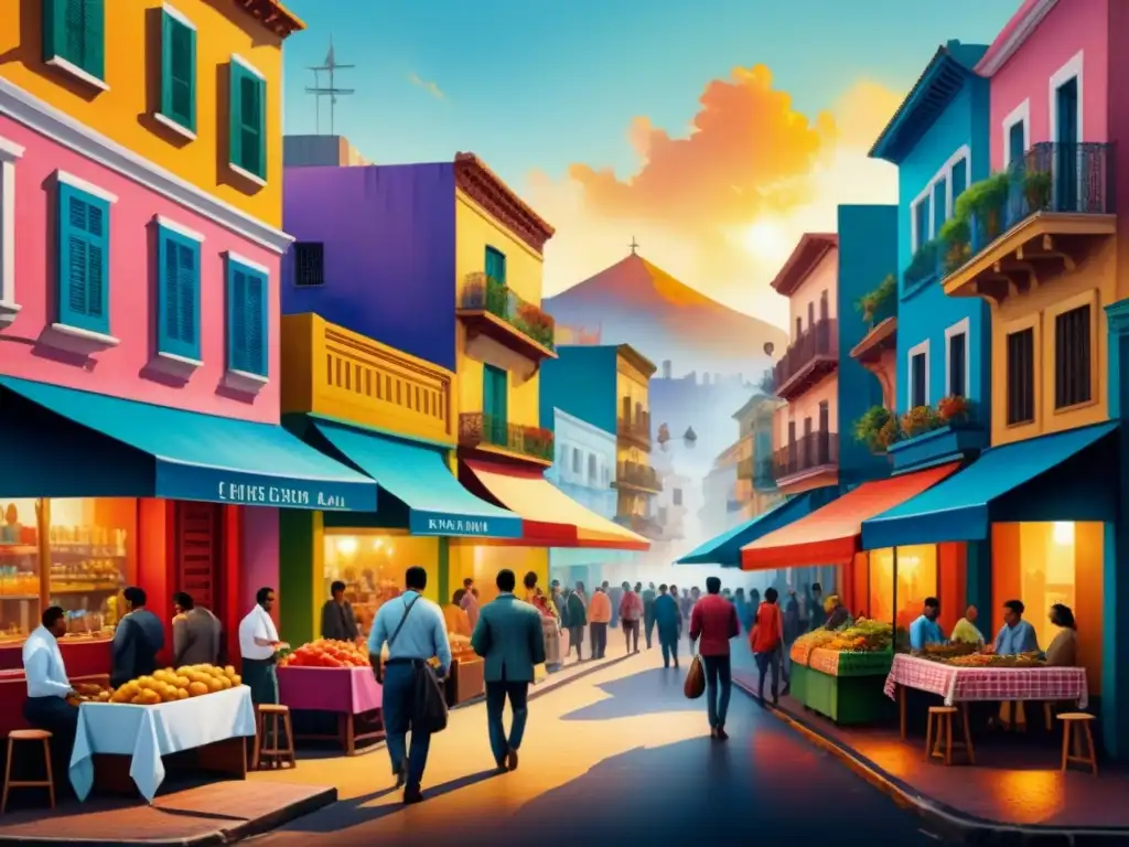 Pintura acuarela vibrante de una ciudad latinoamericana con edificios coloridos, vendedores callejeros y música tradicional