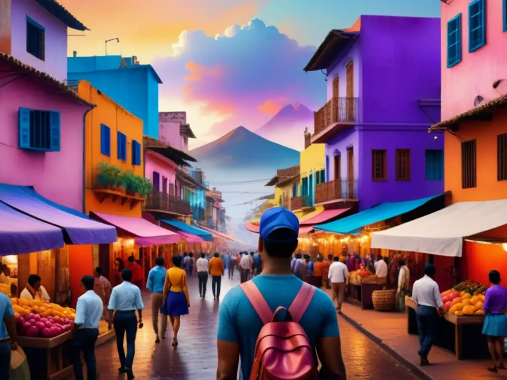 Pintura acuarela vibrante de una ciudad latinoamericana llena de vida, con edificios coloridos, mercados callejeros y actuaciones de música y danza