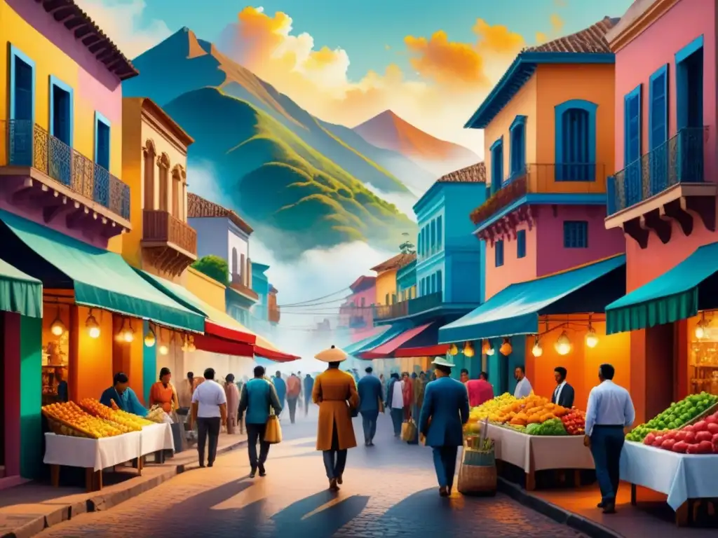 Pintura acuarela vibrante que muestra una ciudad latinoamericana postmoderna, con edificios coloridos y una multitud diversa