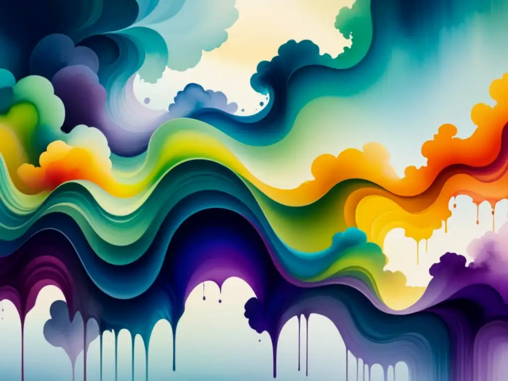 Una pintura acuarela vibrante con una composición abstracta dinámica y audaz, fusionando colores en armonía para crear una obra impactante y emotiva