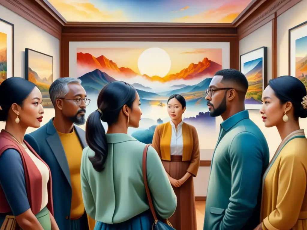 Una pintura acuarela vibrante con diversidad cultural en galería