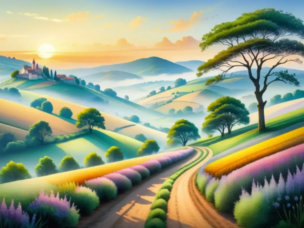 Pintura acuarela vibrante con efecto luz paisajes Pissarro: amanecer sereno en el campo, colinas iluminadas por el sol