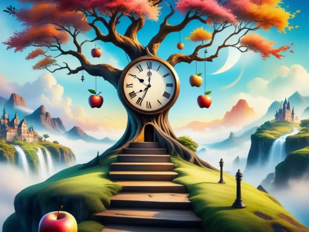 Pintura acuarela vibrante con elementos surrealistas: reloj derritiéndose, manzana flotante con rostro, escalera al cielo