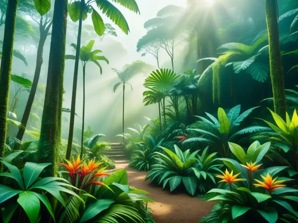 Exposición de arte oculta en la jungla: descubre tesoros vibrantes Una pintura acuarela vibrante revela una exposición de arte escondida en una exuberante selva latinoamericana