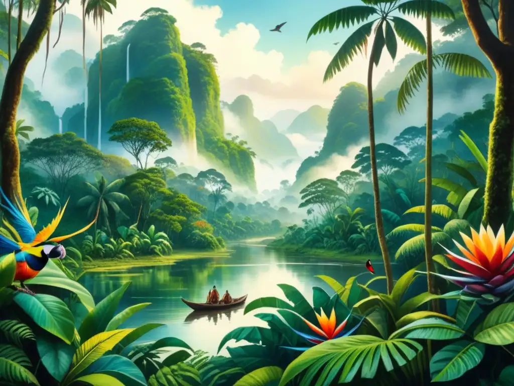 Pintura acuarela vibrante de la exuberante selva amazónica, con detalles de flora y fauna indígena