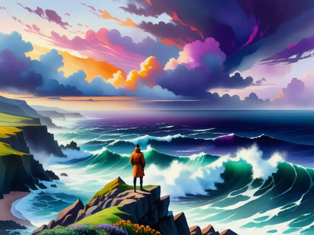 Solitud y fortaleza: figura contemplativa en acantilado Pintura acuarela vibrante: figura solitaria en acantilado con cielo de naranjas y púrpuras