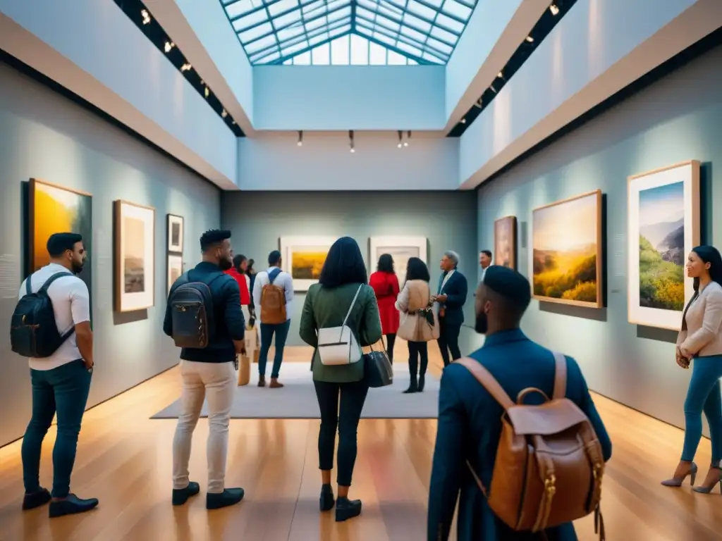 Una pintura acuarela vibrante muestra gente diversa interactuando con arte contemporáneo en un museo, destacando el impacto del arte en la sociedad