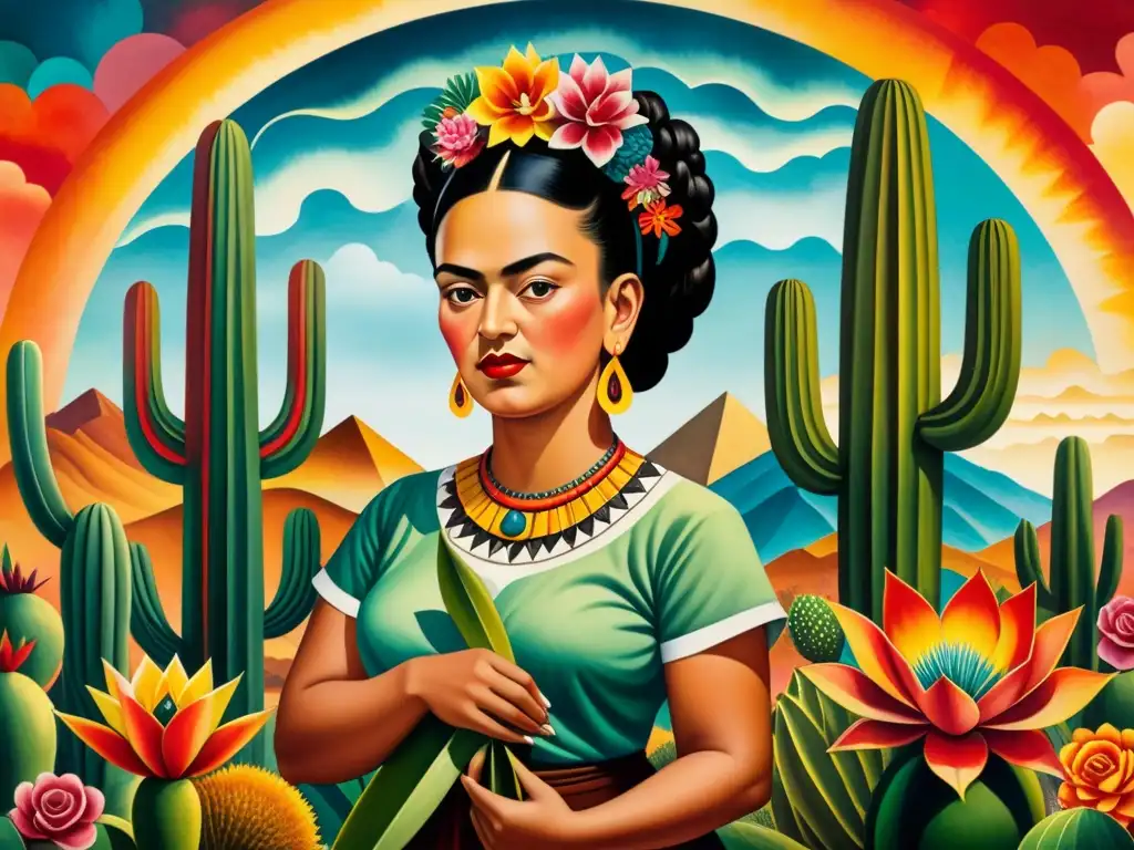 Una pintura acuarela vibrante de los 'Tres Grandes' del arte moderno mexicano rodeados de colores, cactos y pirámides