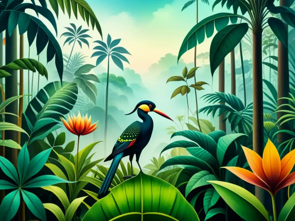 Pintura acuarela vibrante con influencia de Rousseau en arte postimpresionista: jungla exuberante, aves coloridas y criaturas misteriosas