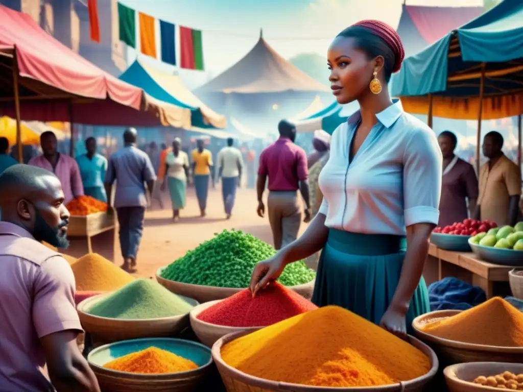 Pintura acuarela vibrante de mercado africano contemporáneo, reflejando impacto social y cultural