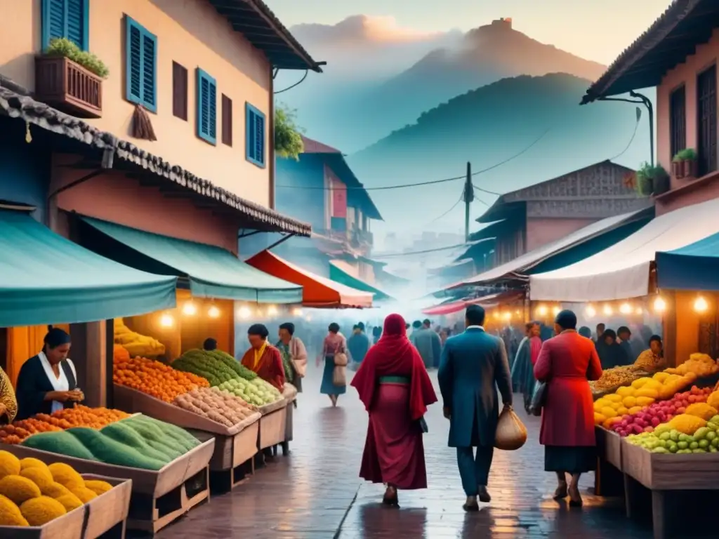 Pintura acuarela de un vibrante mercado latino con fusión de arte contemporáneo América Latina