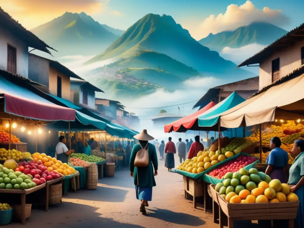 Pintura acuarela vibrante de un mercado latinoamericano surrealista, lleno de frutas coloridas y textiles tradicionales