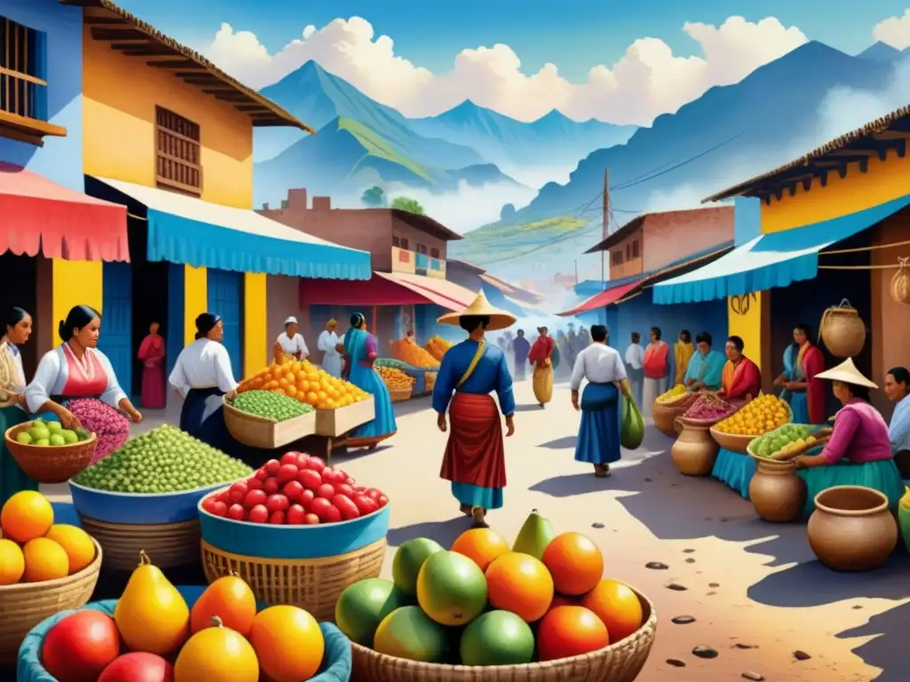 Pintura acuarela vibrante de mercado latinoamericano tradicional con arte popular, tejidos coloridos y vendedores callejeros