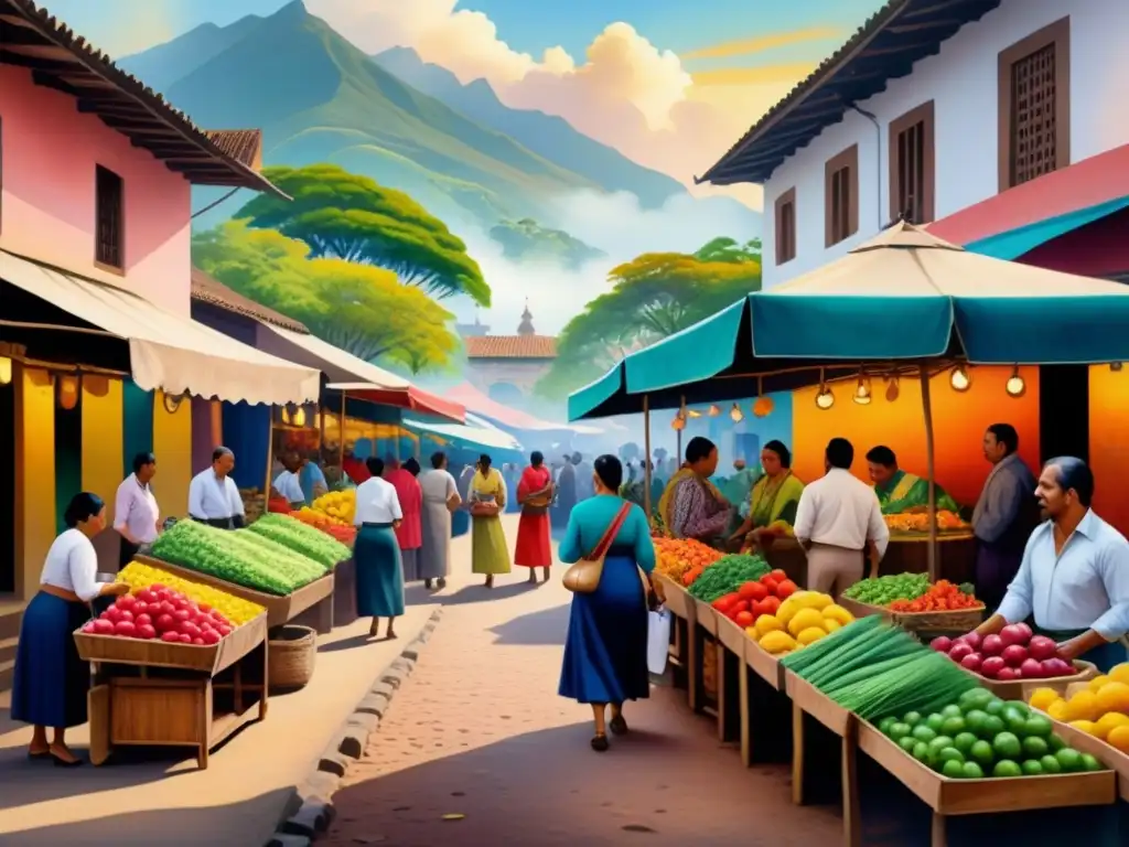 Pintura acuarela vibrante de un mercado latinoamericano