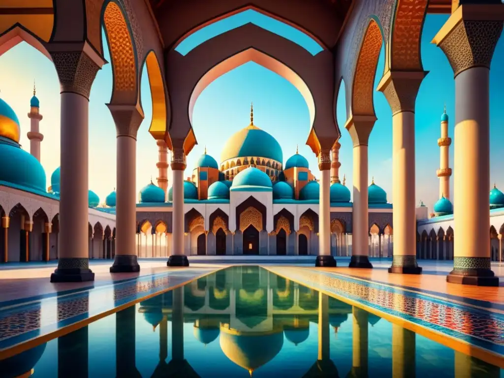 Pintura acuarela vibrante de una mezquita moderna, resaltando la fusión de Arte Islámico Contemporáneo Equilibrio Tradición