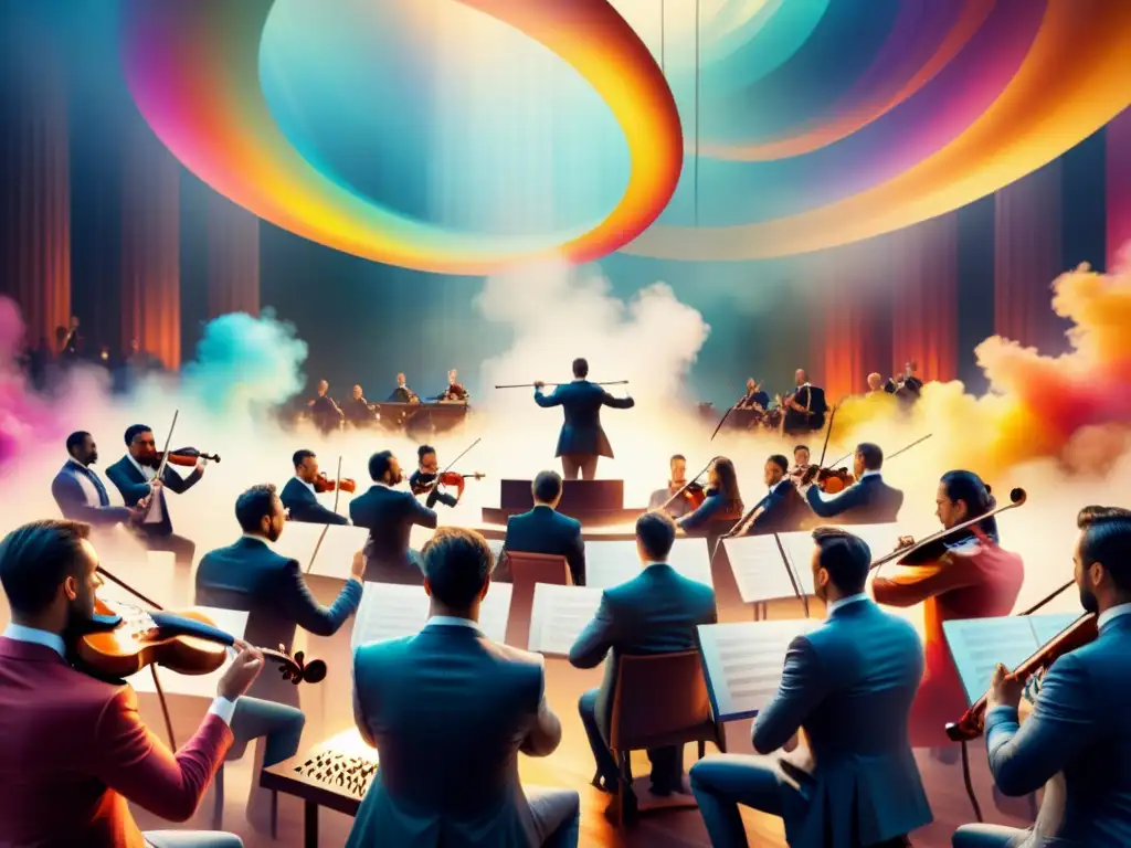 Una pintura acuarela vibrante de una orquesta sinfónica actuando en un escenario colorido y envolvente, evocando la sinestesia en el arte visual