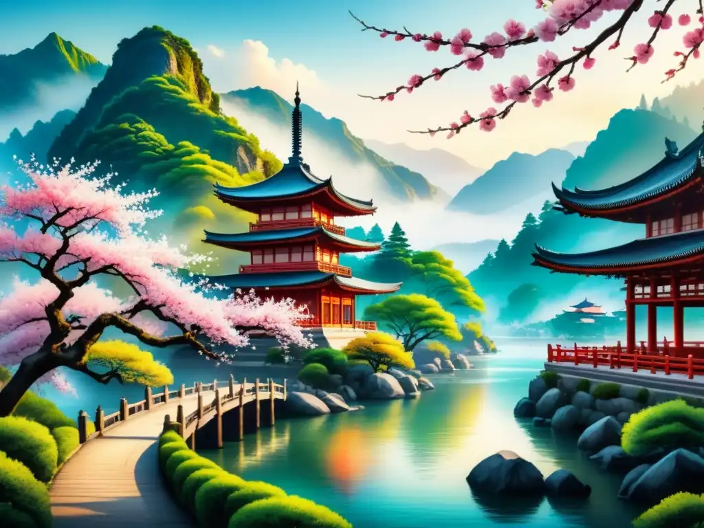 Pintura acuarela vibrante de paisaje asiático con cerezos en flor, río sereno y pagoda entre montañas