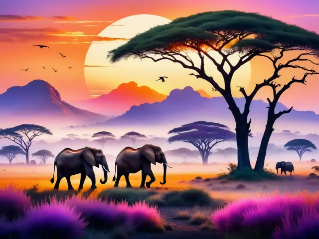 Pintura acuarela vibrante de la sabana africana al atardecer con elefantes y jirafas en silueta, árboles y cielo en tonos cálidos