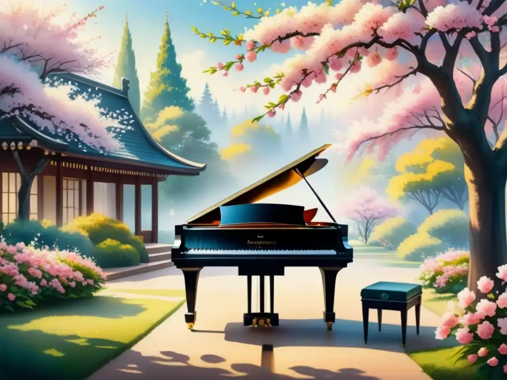 Pintura acuarela vibrante: jardín sereno, piano bajo cerezo en flor