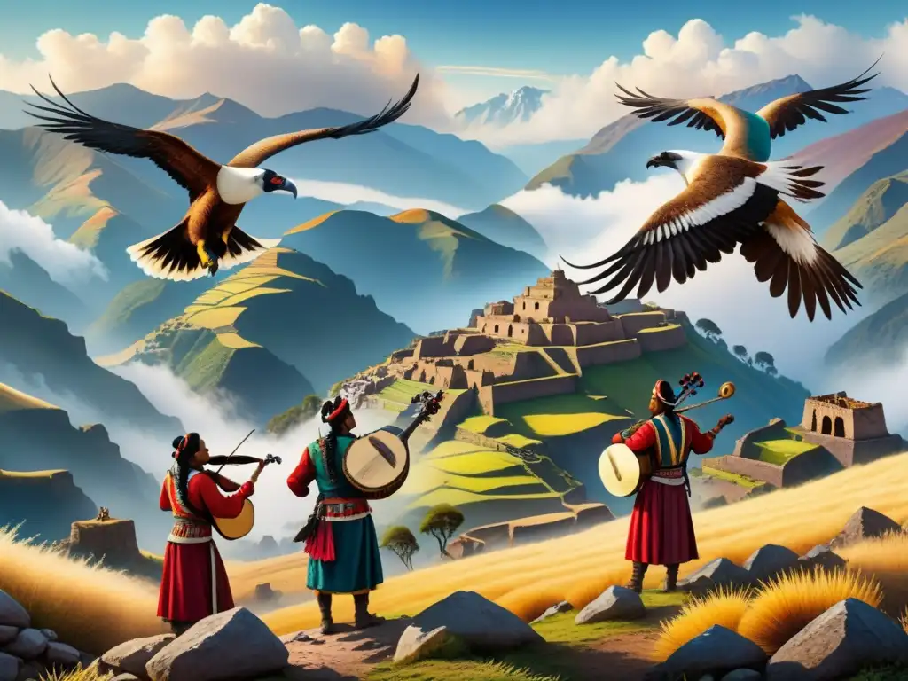 Pintura acuarela Andes vibrantes, músicos indígenas, cóndor