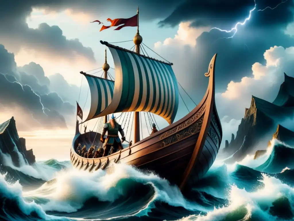 Pintura acuarela de un drakkar vikingo en medio de una tormenta marina, destacando la influencia nórdica en el arte medieval