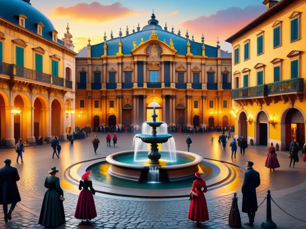 Una plaza bulliciosa con arquitectura barroca y gente vestida de la época, reflejando la intersección cultural del arte barroco