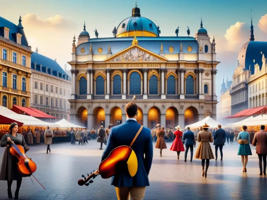 Una plaza europea bulliciosa donde el arte, la música, la literatura y el teatro se entrelazan armoniosamente