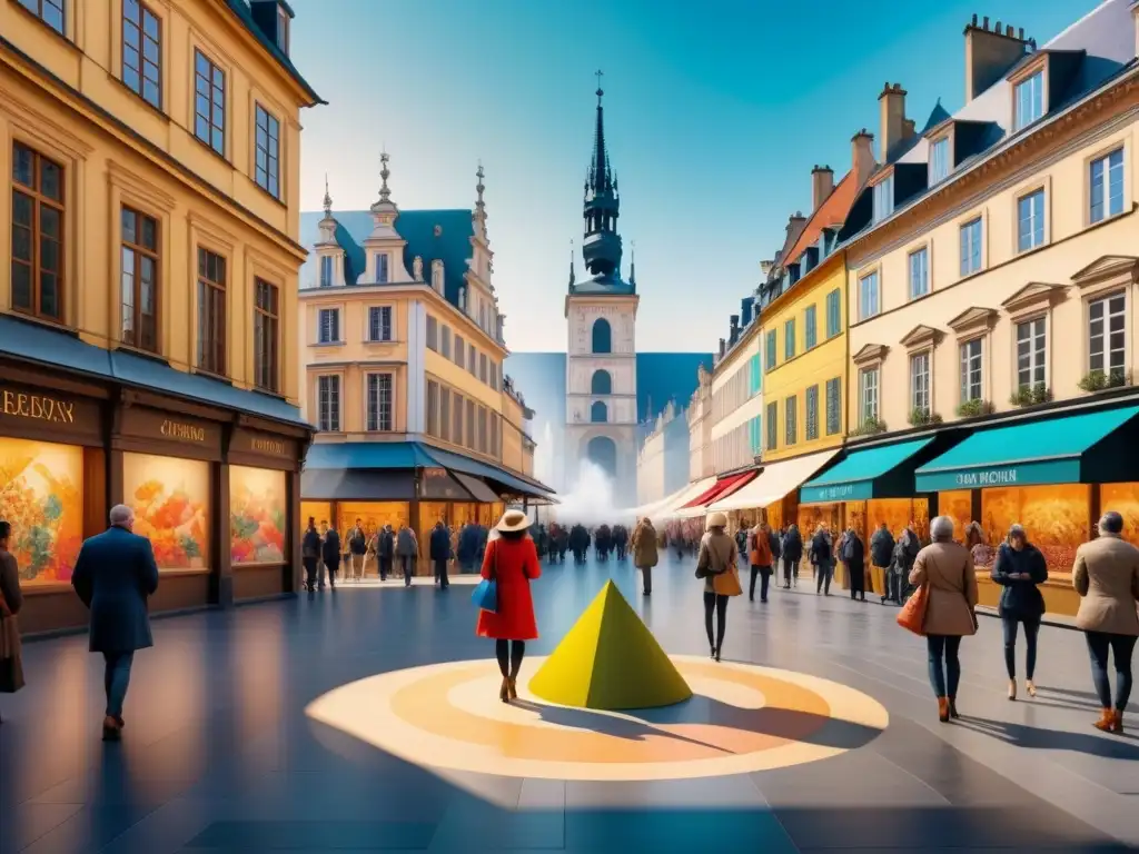 Una plaza europea bulliciosa transformada por arte contemporáneo