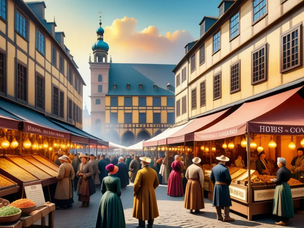 Una plaza de mercado del siglo XVI, con artistas de la historia del arte del grabado mostrando sus obras a una multitud cautivada por la técnica