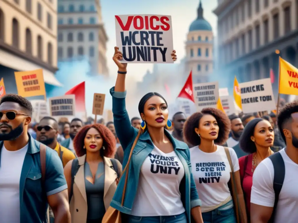 Una poderosa manifestación de diversidad cultural y unidad en protesta social, con arte visual megáfono social