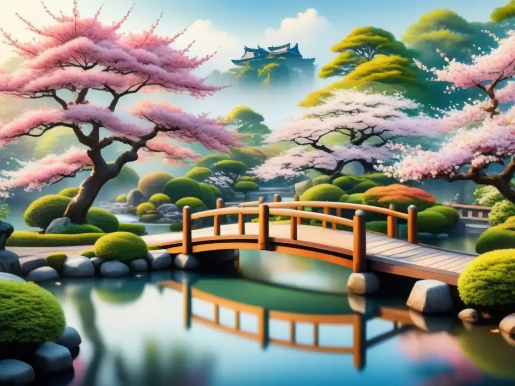 Poesía visual en fotografía contemporánea: Jardín japonés sereno con puente de madera y árboles de cerezo en flor