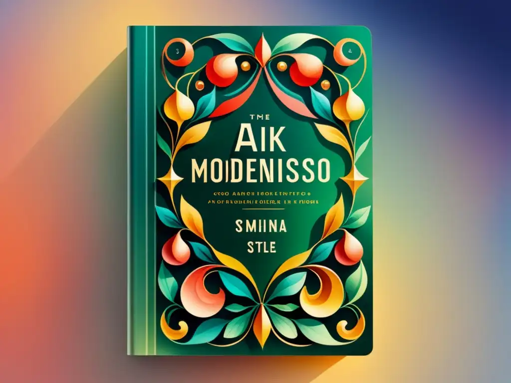 Portada de libro del Modernismo: diseño elegante, colores vibrantes y patrones intrincados capturan la esencia del Modernismo en cubiertas de libros