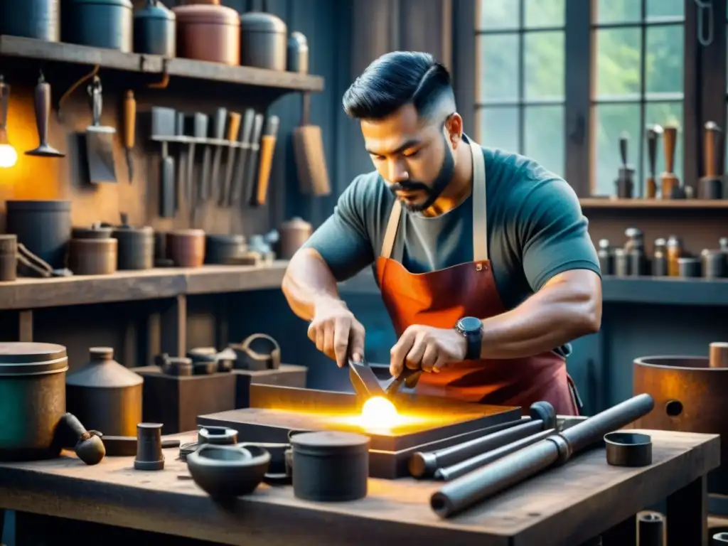 Un principiante artista del metal moldea con destreza en su taller, rodeado de herramientas y materiales