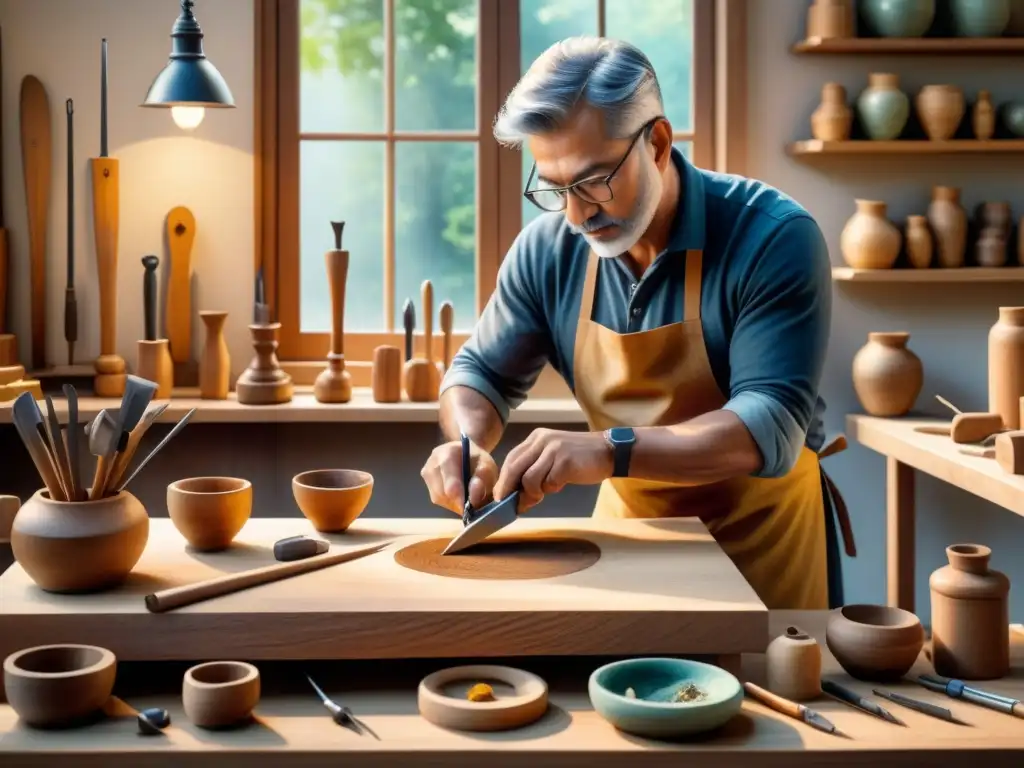 Un principiante esculpe madera con técnicas escultura madera principiantes en un taller sereno iluminado por luz natural