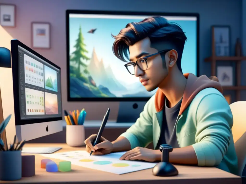 Un principiante en animación 3D se concentra dibujando un storyboard rodeado de herramientas, transmitiendo determinación y creatividad